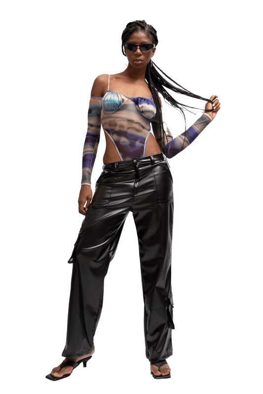 BLACK FAUX LEATHER CARGO PANTS - moss studio