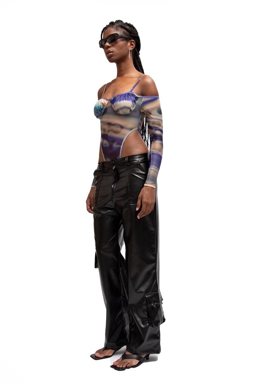 BLACK FAUX LEATHER CARGO PANTS - moss studio