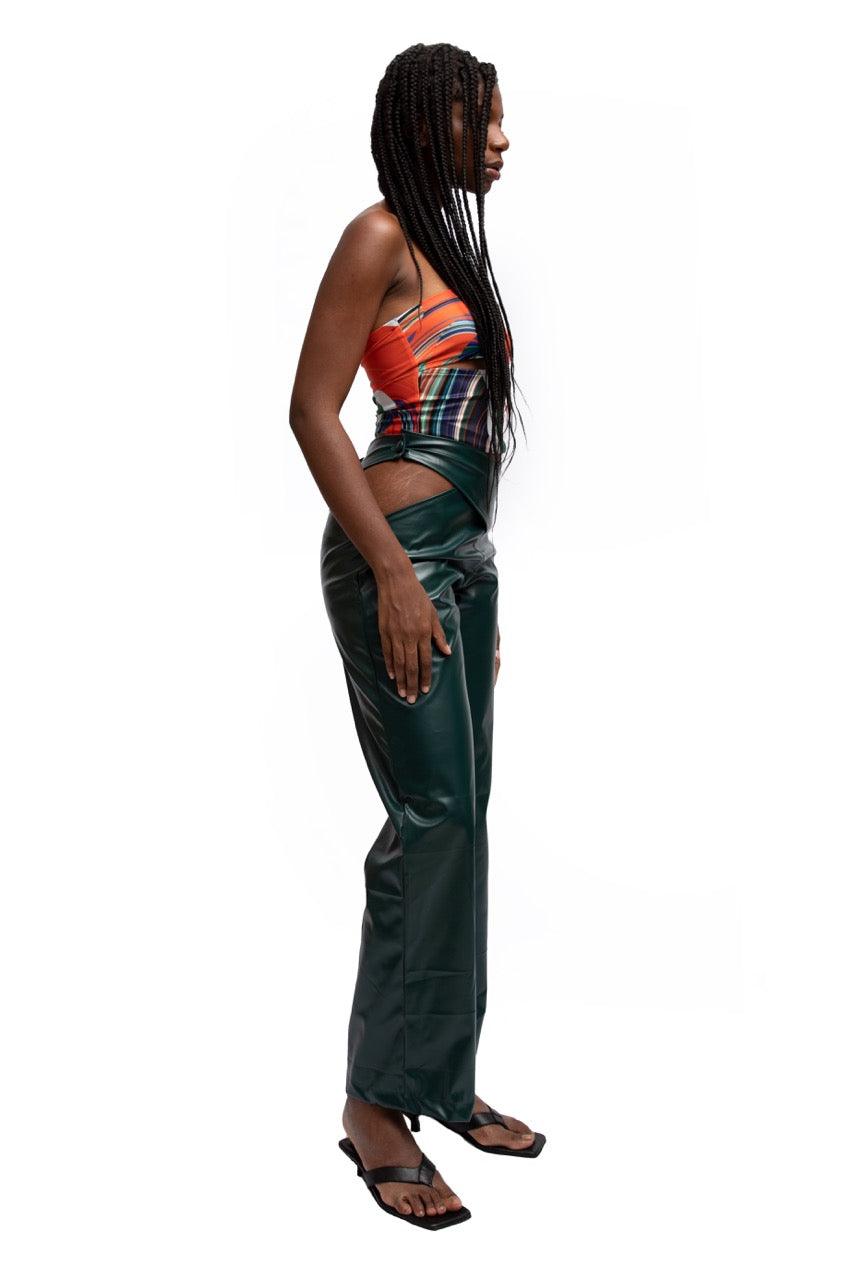 FAUX LEATHER CROSSOVER PANTS - moss studio