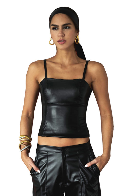 FAUX LEATHER BLACK STRAIGHT TOP